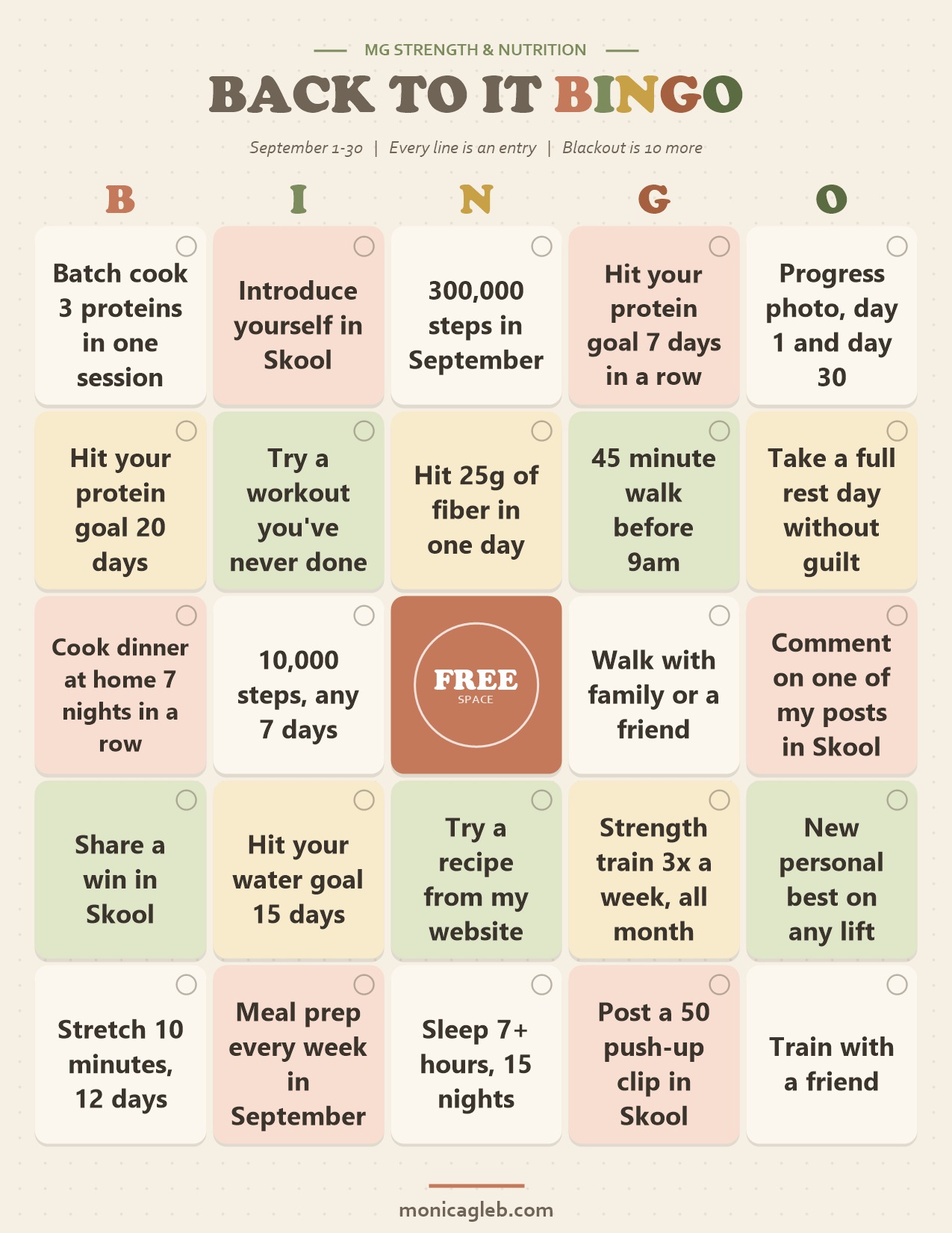 The Back To It Bingo card: a five by five grid of September habits including 300,000 steps, protein goals, meal prep and strength training, with a free space in the middle.